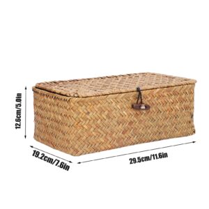 Rectangular Seagrass Basket, Storage Woven Box Wicker Bins with Lid Baskets for Organizing Desktop Hand Shelf Lids Organizers Handwoven Household Basket Boxes Home Organize (L)