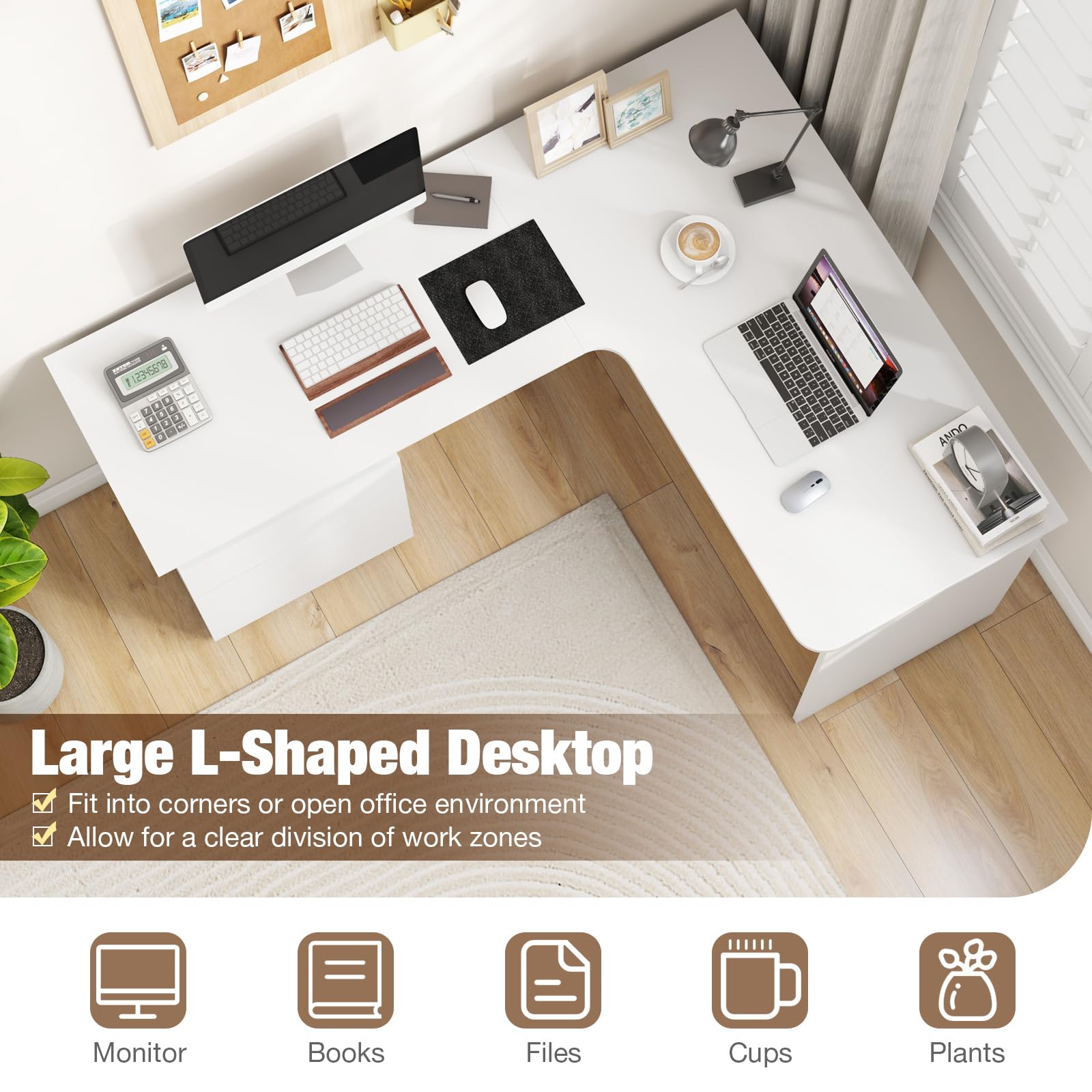 Tangkula L-Shaped Desk with 2 Storage Drawers, 59” Corner Computer Desk with File Drawer & Open Shelf, Computer Workstation with 2 Cable Management Holes, Space-Saving Executive Office Desk (White)