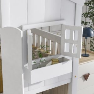 Luxo Abode Twin Over Twin Size House Bunk Bed with Roof, Window & Window Box, Pine Wood Bed w/Door, Safety Guardrails and Ladder, Easy Assembly, for Toddlers, Children's Room, Playroom, White