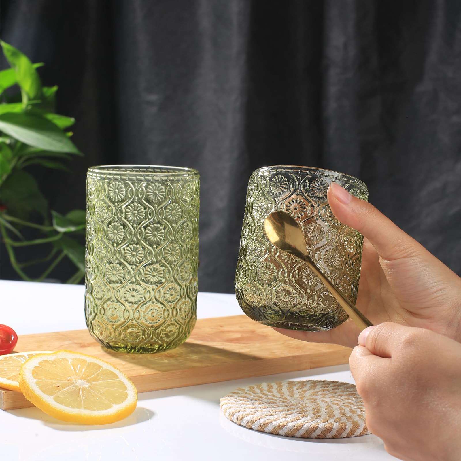 WeirdUncle Set of 8 Vintage Embossed Glassware,4 Highball Glasses 14oz & 4 Rocks Drinking Glasses 9oz, Art Deco, for Beer, Water, Cocktail, Juice, Whiskey, Gift (Green)