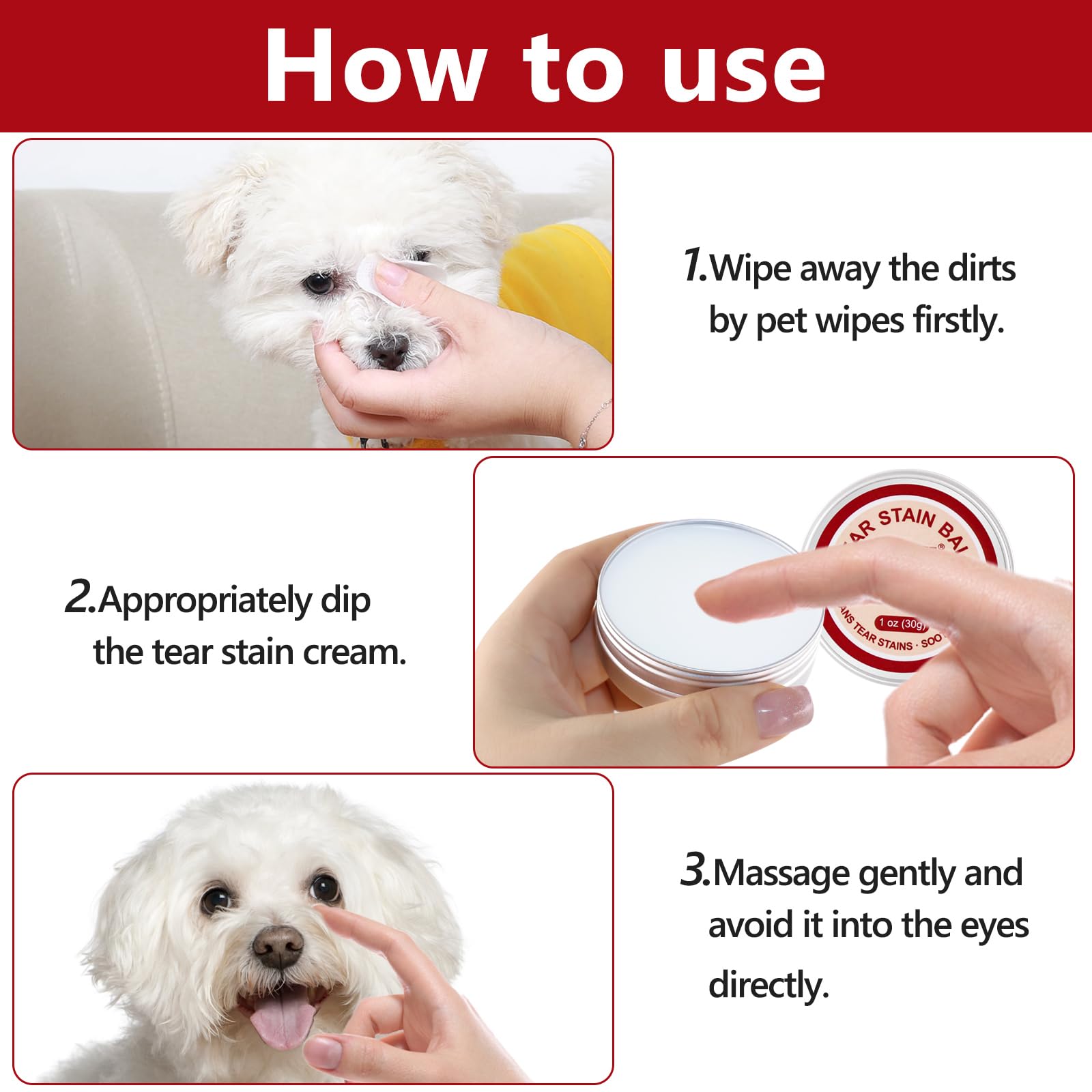 Hkpetie Pets Eyes Natural Tear Stain Removal Balm, Plant-Based Organic Formula Eyes Wipes Cream for Dogs and Cats, Relieve Eyes Discharge, Eye Mucus