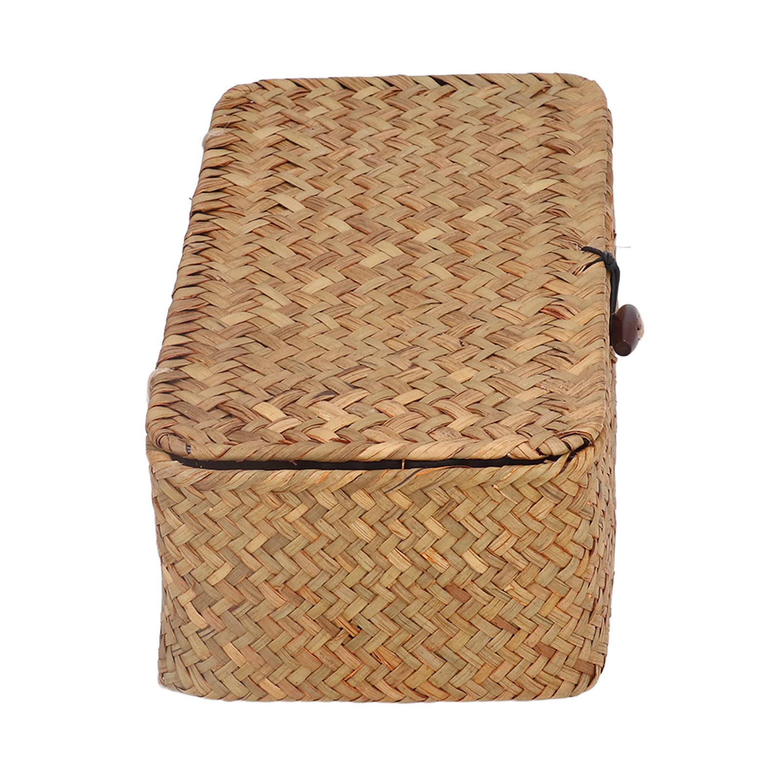 Rectangular Seagrass Basket, Storage Woven Box Wicker Bins with Lid Baskets for Organizing Desktop Hand Shelf Lids Organizers Handwoven Household Basket Boxes Home Organize (L)