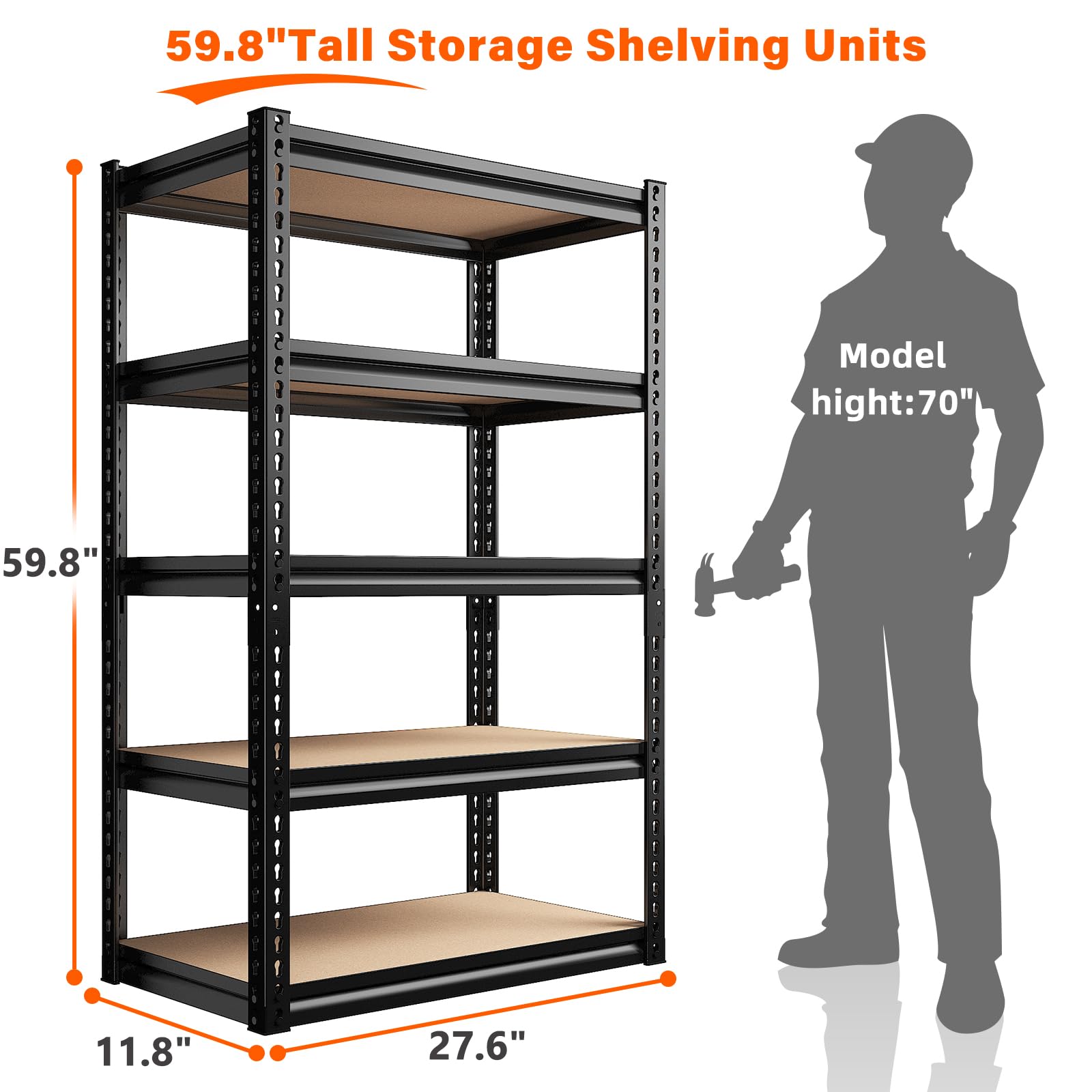 REIBII Storage Shelves 5 Tier Garage Shelving Load 1520LBS Garage Storage Shelves, Shelving Units and Storage Adjustable Heavy Duty Shelving Utility Rack Shelf for Pantry 59.8" H x 27.6" W x 11.8" D