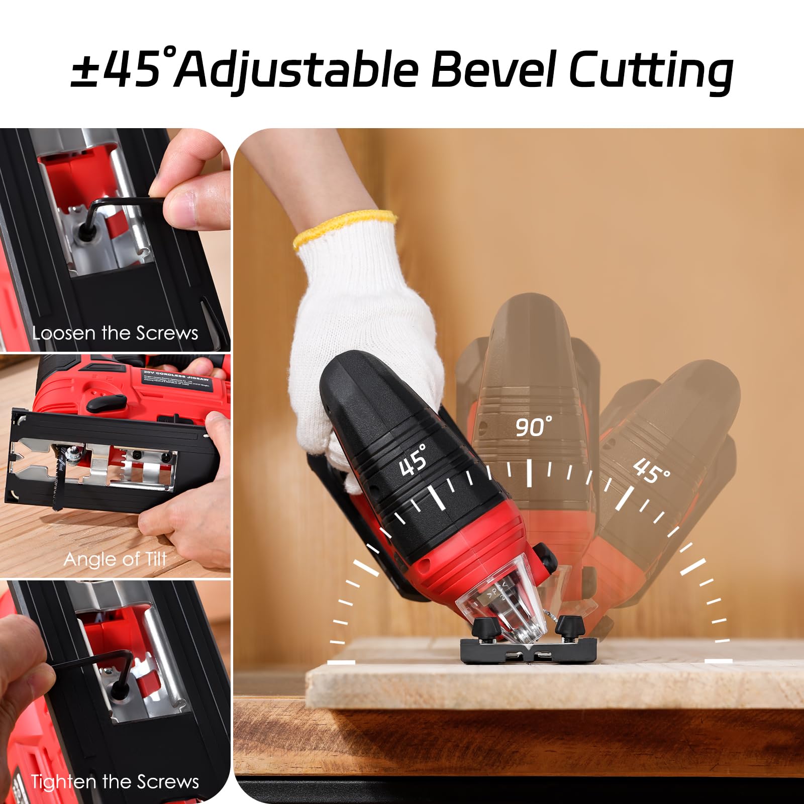 Jig Saw - 20V Cordless Jigsaw with Battery and Charger 2700 SPM Rechargeable Jigsaw with 10pcs Cutting Blades Bevel Angle (±45°) Variable Speed and 4 Orbital Function for Straight/Curve/Circle Cutting