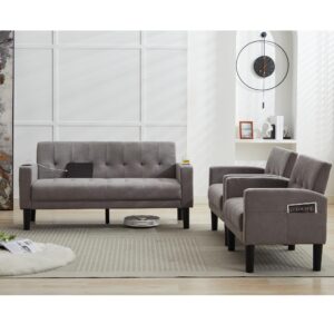 TYBOATLE Sofa Couch, Living Room Furniture Sectional Sofa Sets 3 Pcs, Tufted Mid-Century Loveseat w/USB, Cupholders & Comfy Single Sofa for Small Space, Apartment, Office (Light Grey)