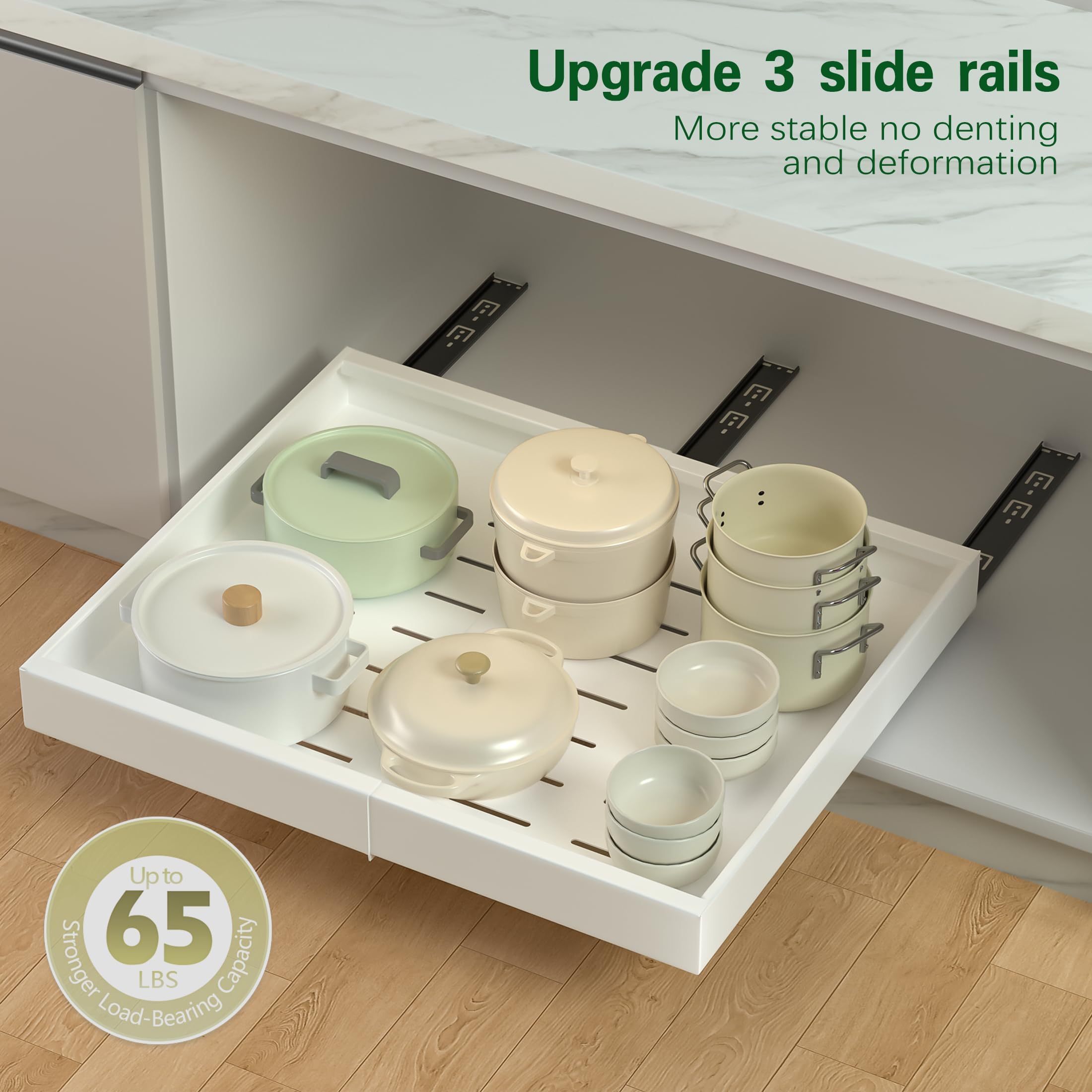 Seinloes 2 Pack Expandable Pull Out Cabinet Organizer 21" Deep, Upgrade 3 Slide Rails Slide Out Drawers for Kitchen Cabinets, No Drill Roll Out Shelves Adhesive, Adjustable Width 12.05"-20.4" White