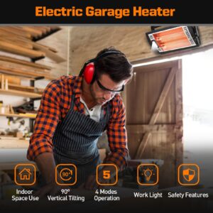 Shinic Electric Garage Heaters with Remote Control, 1500W/750W Ceiling Mounted Radiant Quartz Heater with Work Light, 90° Rotation, 5 Mode Settings, Electric Heater for Garage, Shop, Patio Large Room