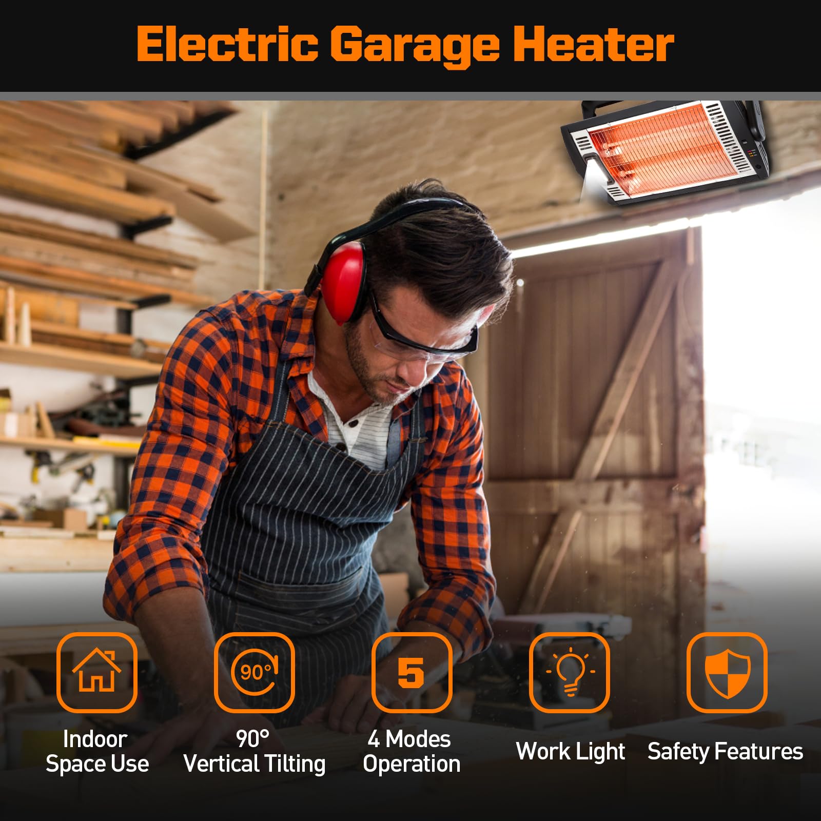 Shinic Electric Garage Heaters with Remote Control, 1500W/750W Ceiling Mounted Radiant Quartz Heater with Work Light, 90° Rotation, 5 Mode Settings, Electric Heater for Garage, Shop, Patio Large Room