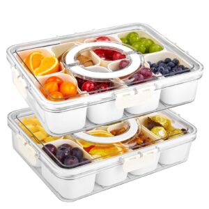 solejazz divided serving tray with lid and handle, snackle box container clear snack platters charcuterie organizer, serving platter veggie tray for candy, fruits, nuts, snacks, 2 pack