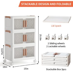 Fixwal 23QT Stackable Storage Bins, Plastic Drawer Storage, Foldable Closet Organizers and Storage with Shelves and Lockable Wheels, Box Cabinet Containers for Toy Organization, Bedroom, 3 PACK Cubes