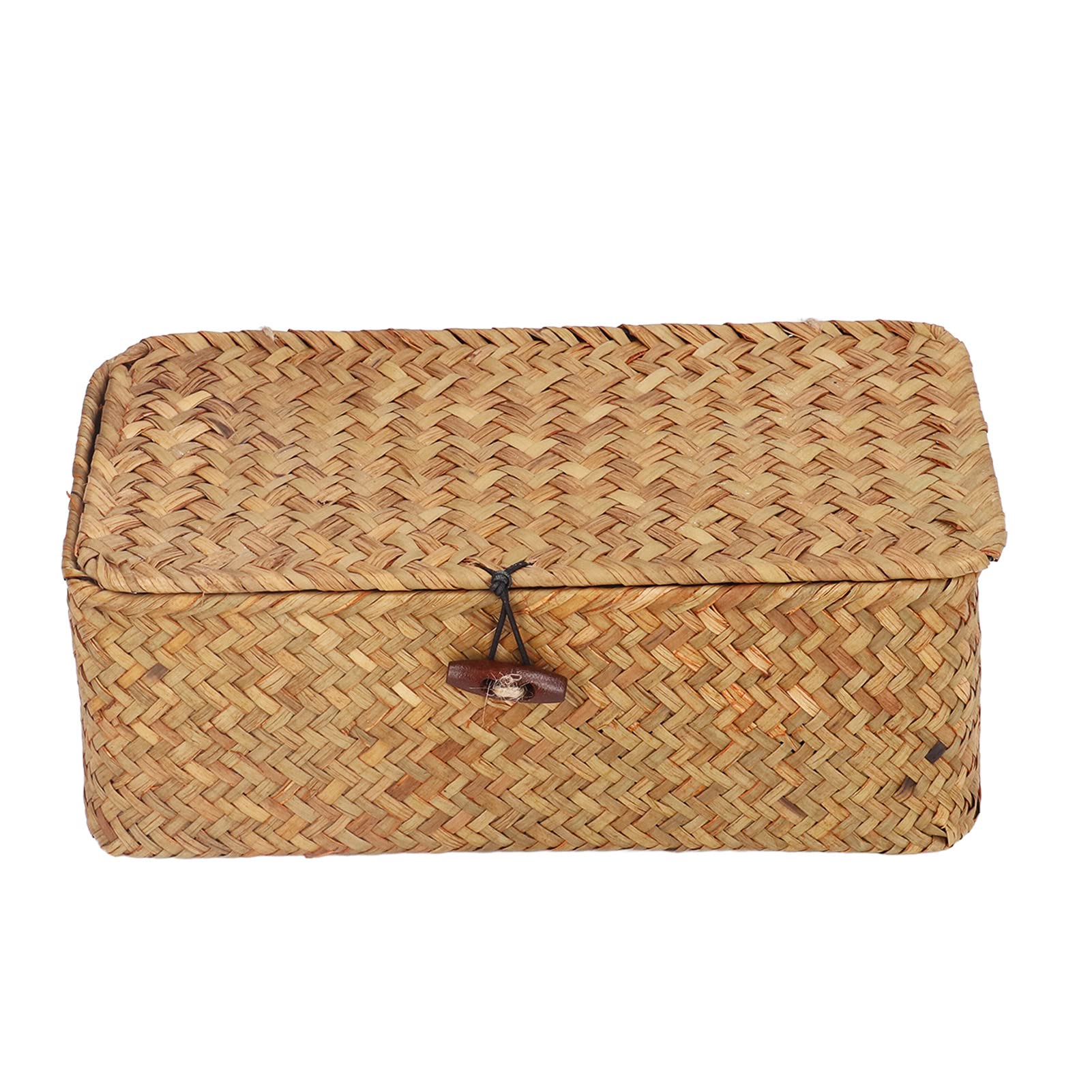 Rectangular Seagrass Basket, Storage Woven Box Wicker Bins with Lid Baskets for Organizing Desktop Hand Shelf Lids Organizers Handwoven Household Basket Boxes Home Organize (L)