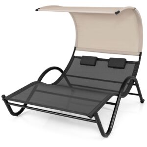 tangkula 2 person lounge chair with canopy, outdoor chaise lounge with 2 detachable pillows, upf50+ extra large double patio hammock sunbed chair with 2 wheels for backyard, poolside