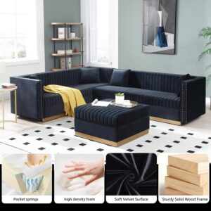 ivoros Velvet Sofa Set with Ottoman, Modern Channel Tufted Sofas Couch with 4 Pillows, 6 Seater L-Shape Convertible Corner Modular Sectional Couches for Living Room, Apartment and Office (Black)