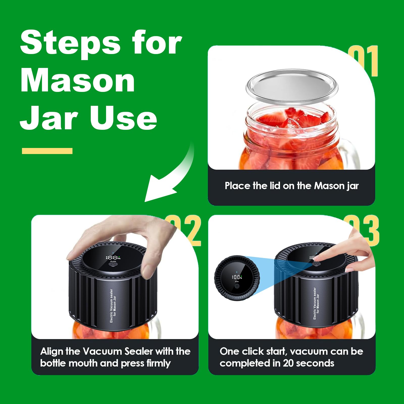 Mason Jar Vacuum Sealer Only for Wide Mouth Mason Jars Vacuum Bags Food Vacuum Storage,Electric Auto-Stop Vacuum Sealer Kit Multifunctional Cordless Canning Vacuum Sealer Machine