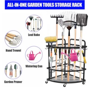 DIYTuning Garden Tool Organizer with Lockable Wheels and Storage Hooks,Garage Lawn and Outdoor,Steel Yard Tool Racks to Store Yard Long Rakes,Brooms,Mops and Buckets,Garden Tool Rolling Cart