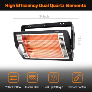 Shinic Electric Garage Heaters with Remote Control, 1500W/750W Ceiling Mounted Radiant Quartz Heater with Work Light, 90° Rotation, 5 Mode Settings, Electric Heater for Garage, Shop, Patio Large Room