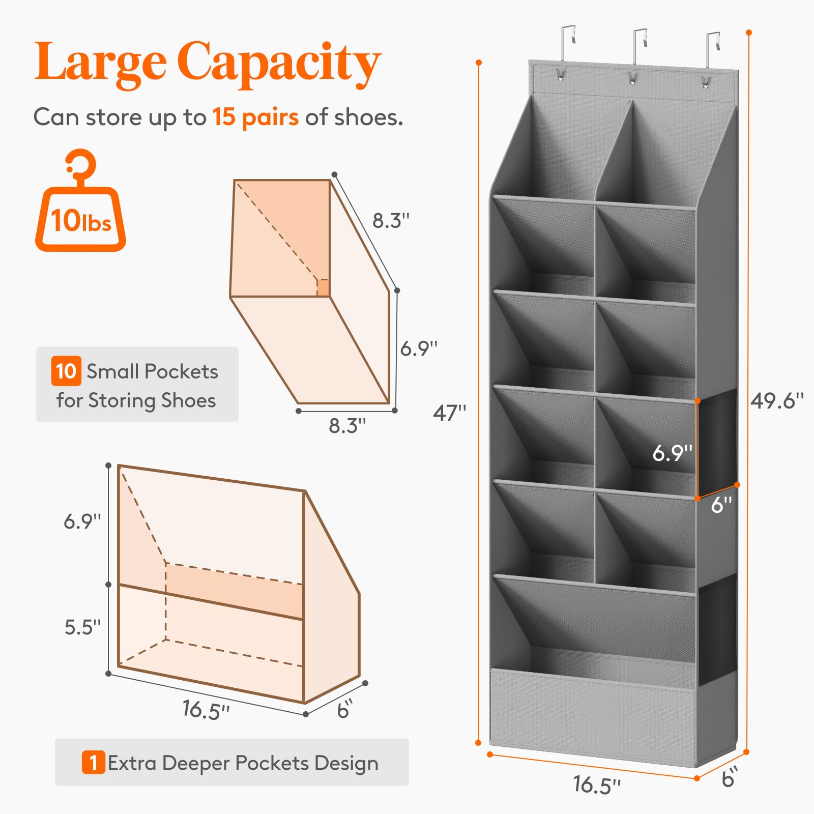 Lifewit Over the Door Shoe Organizers, 1 Pack Hanging Shoe Rack with 11 Pockets, 5 Layers Shoe Holder for Closet Door Storage Includes Boots, Toys, Water Bottles, Daily Necessities, Grey