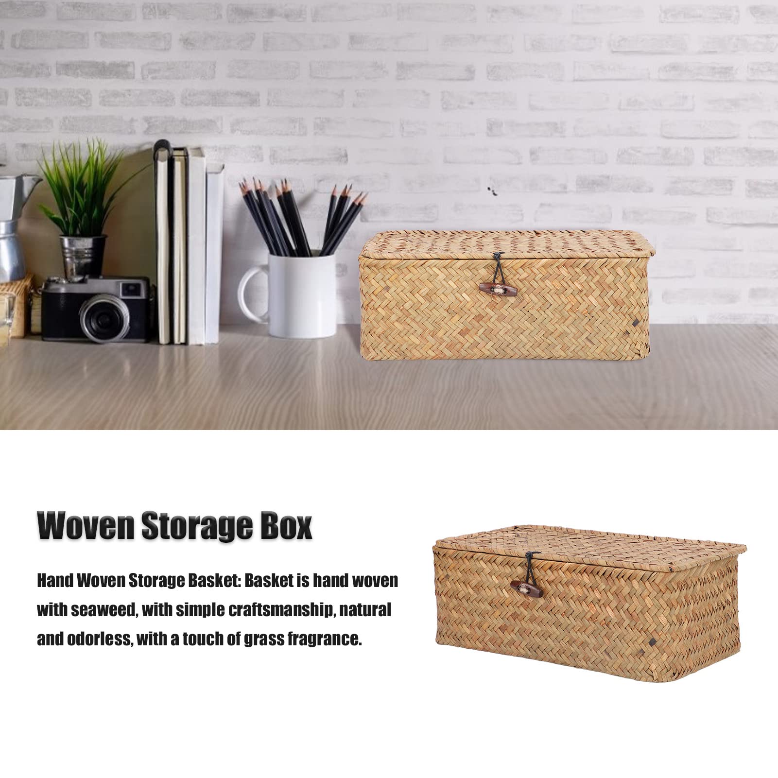 Rectangular Seagrass Basket, Storage Woven Box Wicker Bins with Lid Baskets for Organizing Desktop Hand Shelf Lids Organizers Handwoven Household Basket Boxes Home Organize (L)