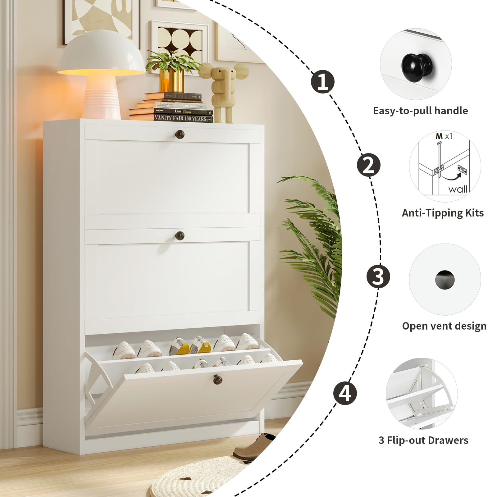 VOWNER Shoe Cabinet with 3 Flip Drawers, Freestanding Shoe Storage Cabinet with Adjustable Shelf & Anti-Tipping Device, Shoe Rack for Entryway, Hallway, Living Room (White)