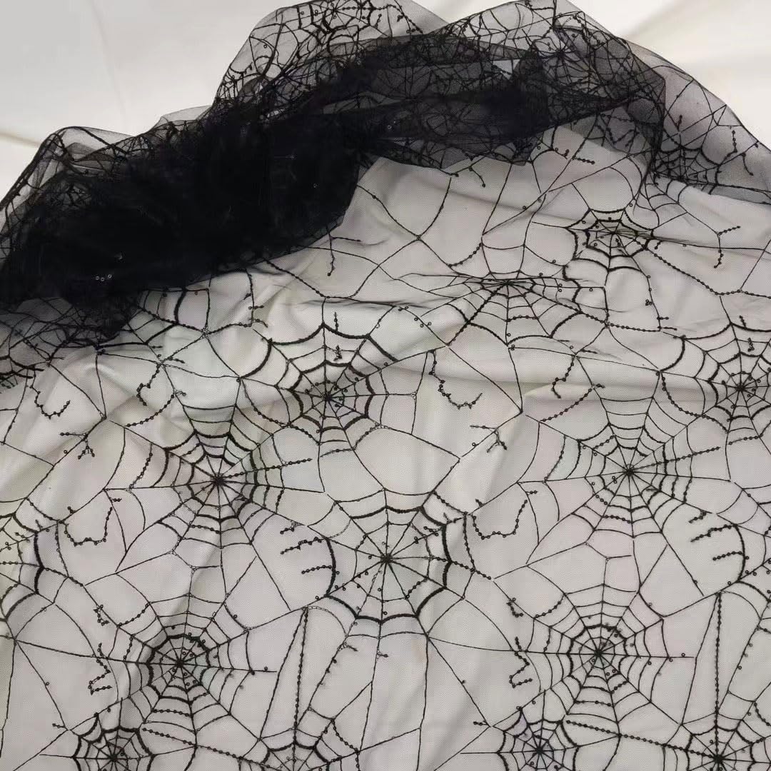 Spiderweb Lace Fabric Soft Black Lace Fabric by The Yard Halloween Cobweb Tulle Fabric for DIY Dress Top Sew Party Decorative Overlays for Table,Halloween Decor (Black, 3 Yard (70 x51 in))