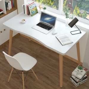 HEVIRGO Computer Desk,Home Office Desk,Nordic Style Home Study Desk,Student Wood Writing Table with Ergonomic Edge,Makeup Workstation for Living Room Kitchen Bedroom White