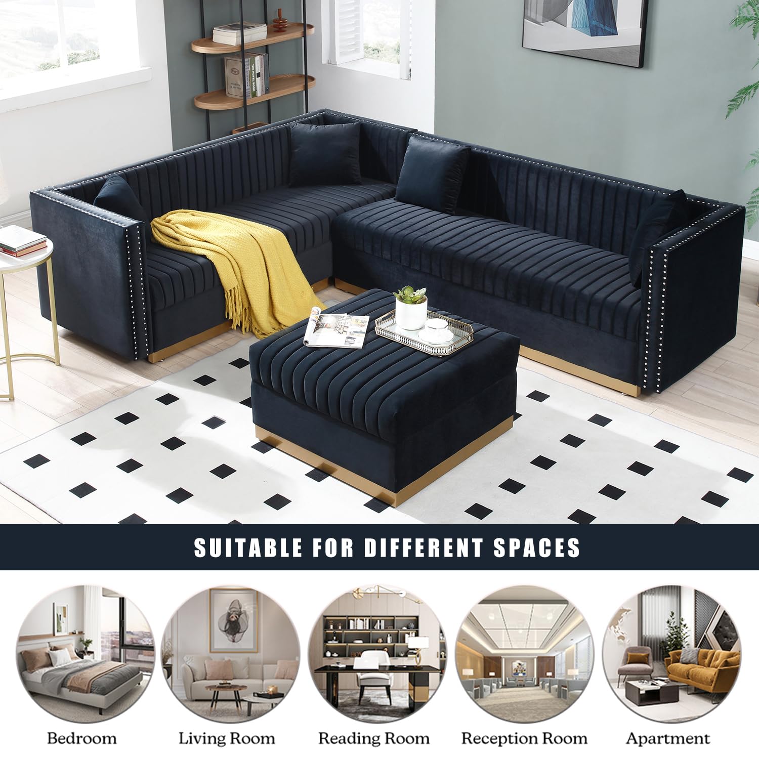 ivoros Velvet Sofa Set with Ottoman, Modern Channel Tufted Sofas Couch with 4 Pillows, 6 Seater L-Shape Convertible Corner Modular Sectional Couches for Living Room, Apartment and Office (Black)