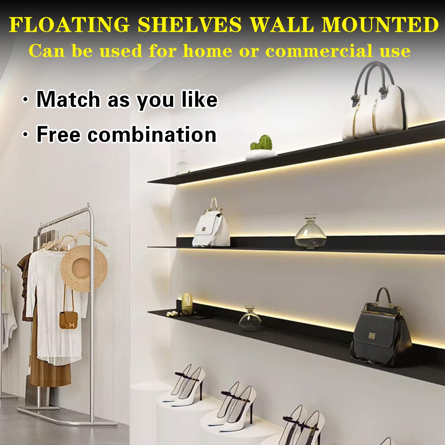 MOFGOE Floating Display Shelf with Built-in Illuminated LED Light and Invisible Brackets, Metal Wall Mounted Light-Emitting Bookshelf, Wall Decor Set of 2, Small Lighted Display Stand,80cm/32in