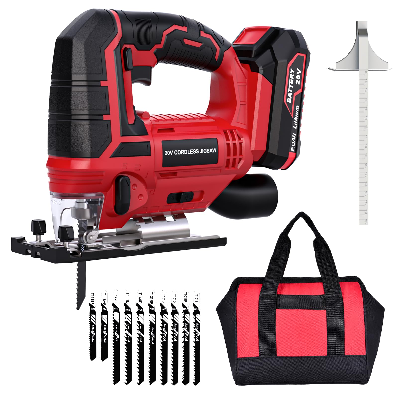 Jig Saw - 20V Cordless Jigsaw with Battery and Charger 2700 SPM Rechargeable Jigsaw with 10pcs Cutting Blades Bevel Angle (±45°) Variable Speed and 4 Orbital Function for Straight/Curve/Circle Cutting