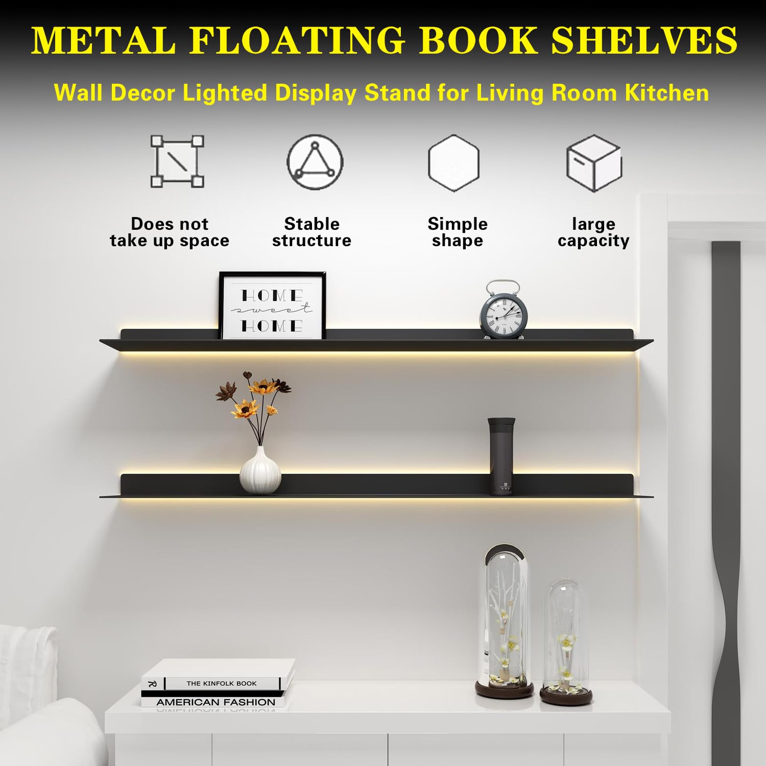 MOFGOE Floating Display Shelf with Built-in Illuminated LED Light and Invisible Brackets, Metal Wall Mounted Light-Emitting Bookshelf, Wall Decor Set of 2, Small Lighted Display Stand,80cm/32in