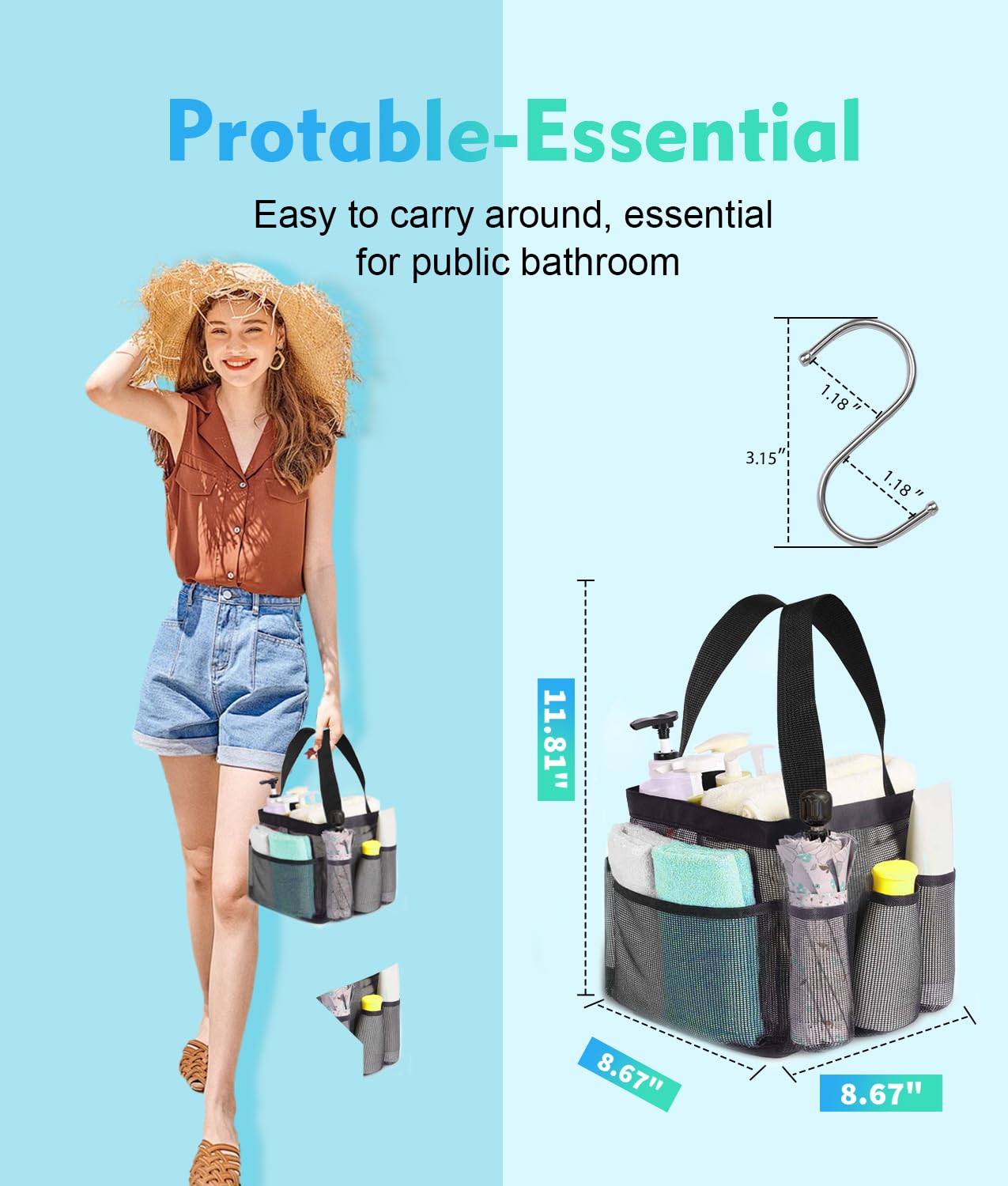 Shower Caddy,2 Pcs Mesh Shower Caddy Portable for College Dorm with 8-Pockets Large Capacity,Shower Bag for Bathroom Hanging Quick Dry,Essentials for Beach Gym Swim Camp Travel,2 Handles 1 Hook