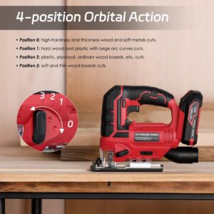 Jig Saw - 20V Cordless Jigsaw with Battery and Charger 2700 SPM Rechargeable Jigsaw with 10pcs Cutting Blades Bevel Angle (±45°) Variable Speed and 4 Orbital Function for Straight/Curve/Circle Cutting