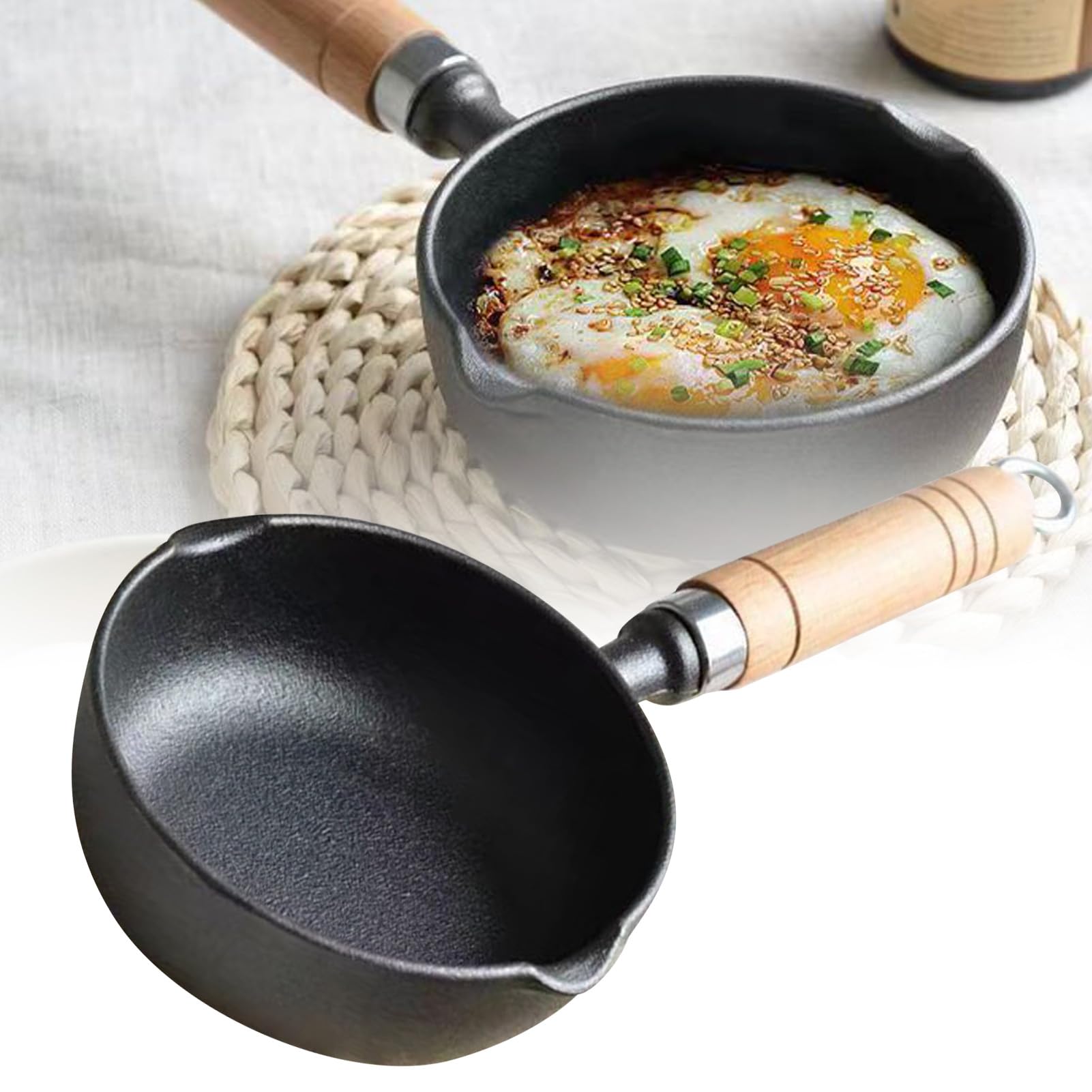 One Egg Frying Pan, Cast Iron Skillet Mini Egg Pan Omelet Pan Butter Warmer Pot with Dual Spouts Mini Induction Eggs Pan Single Egg Frying Pan with Handle Soup Sauce Pan