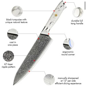 8-Inch Japanese Style Chef Knife – VG-10 Damascus Steel Blade, Ultra-Sharp High-Carbon Core, Ergonomic White Turquoise Resin Handle, Professional Luxury Kitchen Knife for Home Chefs, Includes Gift Box