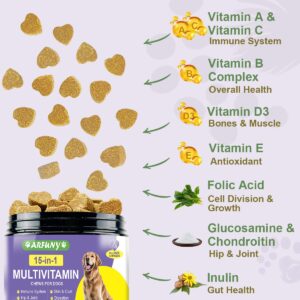 15 in 1 Dog Multivitamin Supplement - Dog Vitamins for Immune System, Digestion, Hip & Joint, Skin & Coat - Multivitamin Chews for Dog with Glucosamine & Chondroitin - Chicken Flavor, 120 Chews