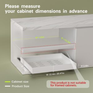 Seinloes 2 Pack Expandable Pull Out Cabinet Organizer 21" Deep, Upgrade 3 Slide Rails Slide Out Drawers for Kitchen Cabinets, No Drill Roll Out Shelves Adhesive, Adjustable Width 12.05"-20.4" White