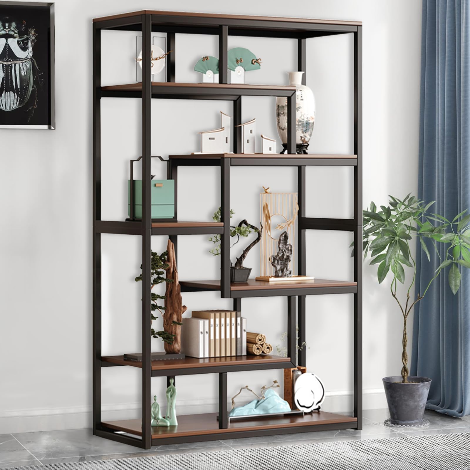 GEBAROW 7 Tier Bookshelf, Modern Bookshelf with Metal Frame, Industrial Bookshelf, Large Open Bookshelf for Bedroom, Living Room and Home Office Vintage Brown