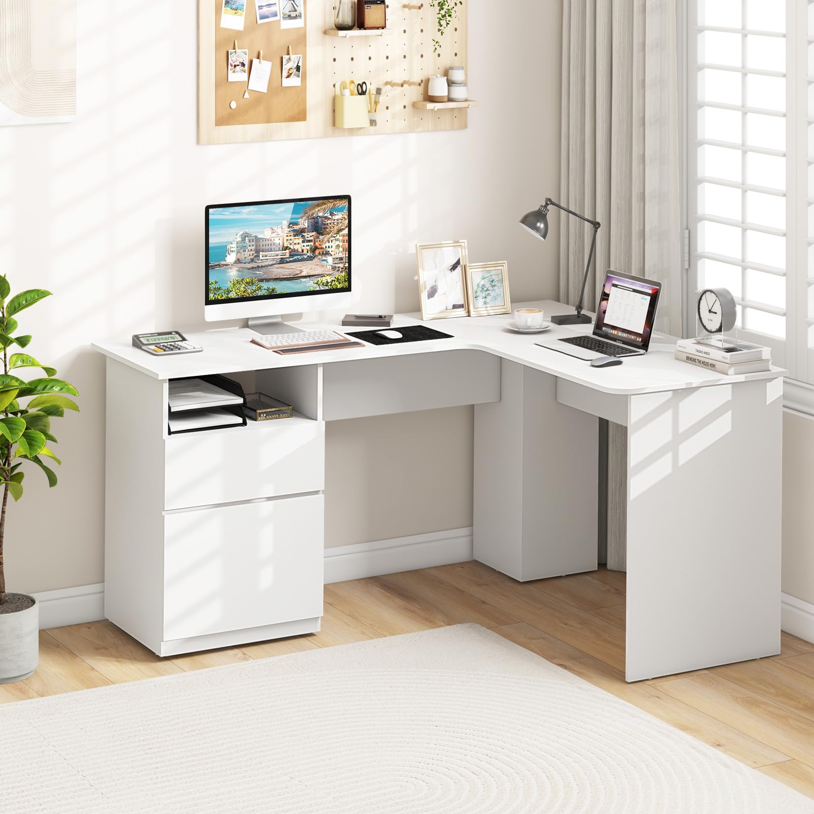 Tangkula L-Shaped Desk with 2 Storage Drawers, 59” Corner Computer Desk with File Drawer & Open Shelf, Computer Workstation with 2 Cable Management Holes, Space-Saving Executive Office Desk (White)