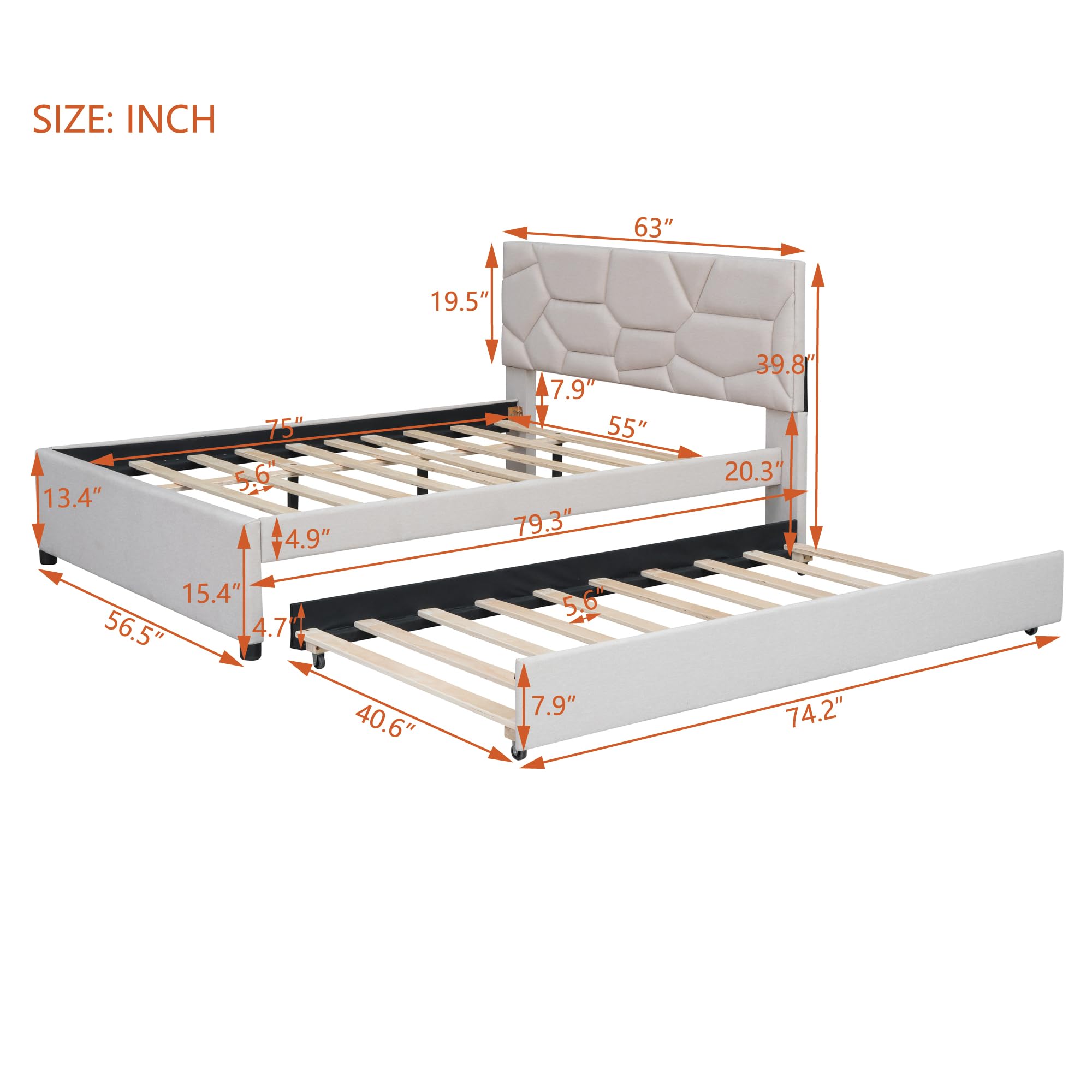 Favfurish Full Upholstered Platform Bed with Brick Pattern Headboard, with Twin Size Trundle,for Bedroom,Living, Guest Room,Apartment, Linen Fabric,Beige