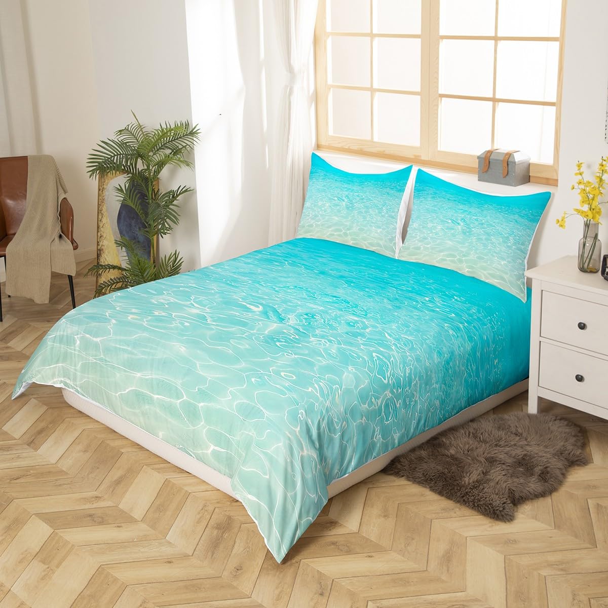 Castle Fairy Hawaii Sea Wave Bedding Set Tropical Ocean Summer Comforter Cover Ombre Blue Duvet Cover Room Decor Swimming Pool Bedspread Cover King Bedding Collection 3Pcs