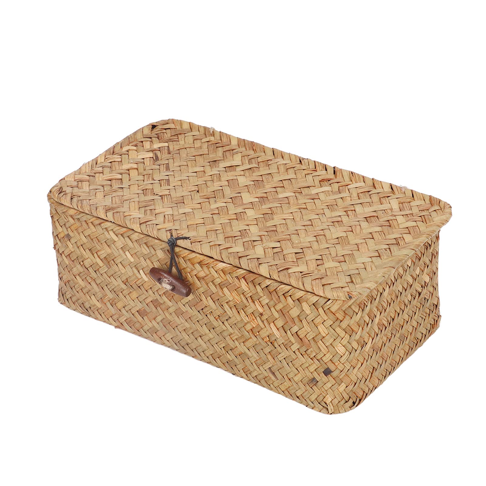 Rectangular Seagrass Basket, Storage Woven Box Wicker Bins with Lid Baskets for Organizing Desktop Hand Shelf Lids Organizers Handwoven Household Basket Boxes Home Organize (L)