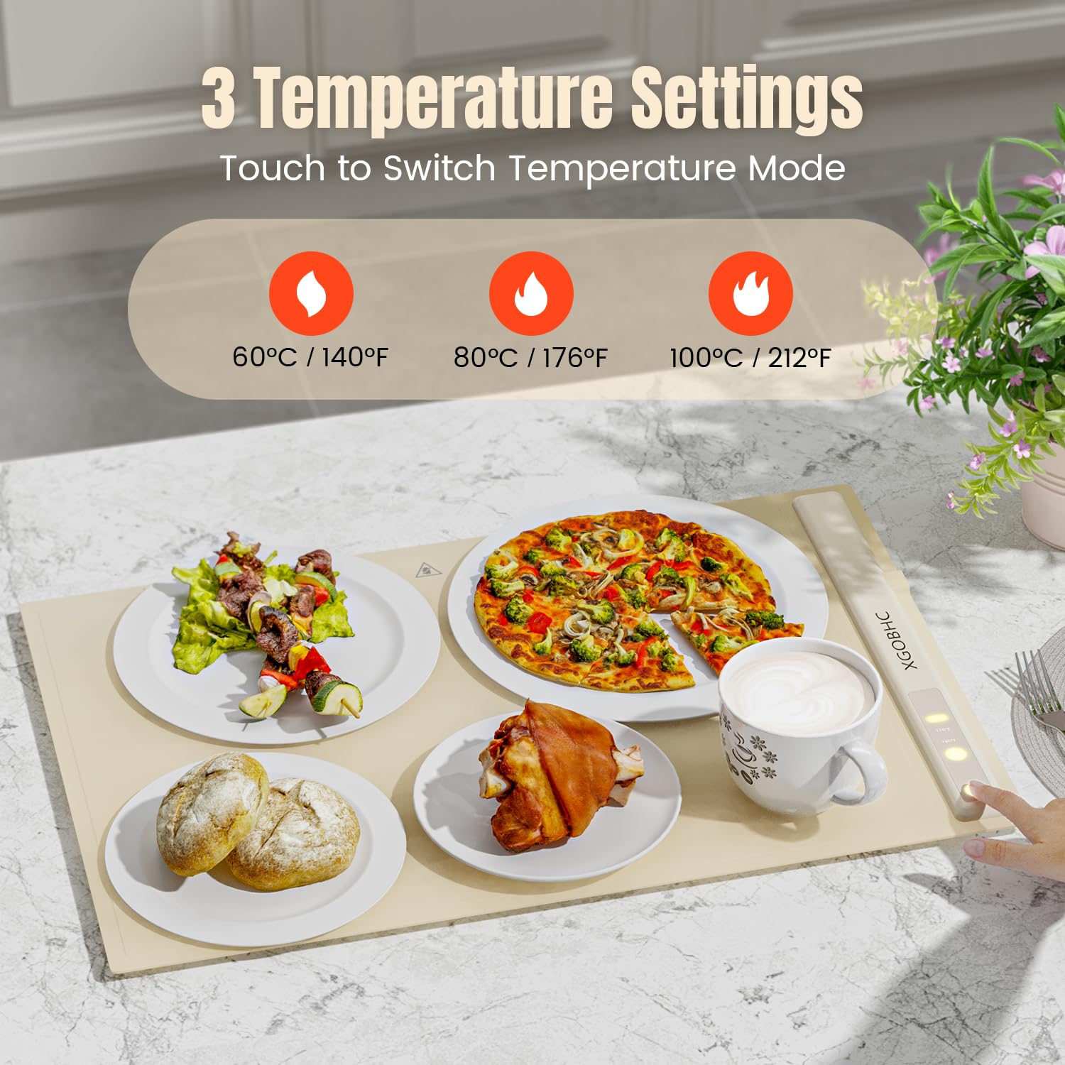 Portable Food Warming Mat for Buffet - XGOBHC Electric Warming Tray with 3 Level Temperature, Fast Heating Silicone Food Warming Mat for Parties Gatherings, Roll-Up Storage, Auto Shut-Off, Beige