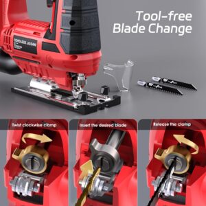 Jig Saw - 20V Cordless Jigsaw with Battery and Charger 2700 SPM Rechargeable Jigsaw with 10pcs Cutting Blades Bevel Angle (±45°) Variable Speed and 4 Orbital Function for Straight/Curve/Circle Cutting