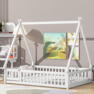 Luxo Abode Full Size Montessori Floor Bed with Tent-Shaped and Guardrails Fence, Pine Wood Bed Frame w/Slats & Door, Easy Assembly, for Toddlers, Children's Room, Playroom, White