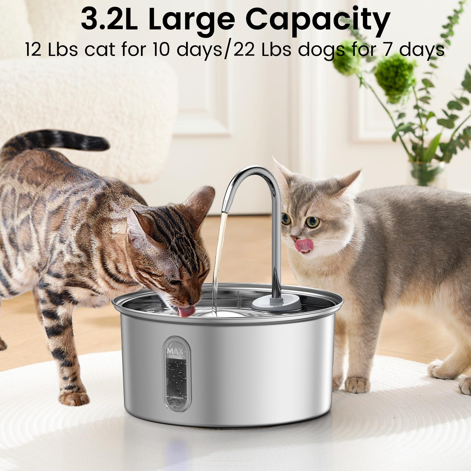 Petlipo Cat Water Fountain Stainless Steel: 108oz/3.2L Cat Fountain for Drinking, Pet Fountain Water Bowl Dog Drinking Dispenser Cat Feeding & Watering Supplies, Super Quiet Kitty Spout for Cats Dogs