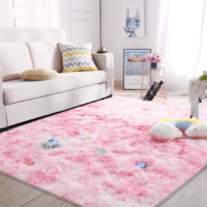 AIMECO Area Rugs for Bedroom, 4X6 Ft Fluffy Rug Carpet Shag Rug for Living Room Bedside Nursery Girls Bedroom, Tie-Dyed Pink