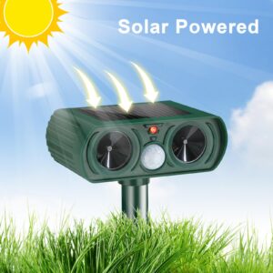 Qualirey 4 Pcs Ultrasonic Animal Repellent Outdoor Solar Powered Pest Repeller Motion Activated Cat Dog Deterrent Waterproof Motion Sensor for Squirrels Raccoon Rabbit Fox, Garden Yard Farm