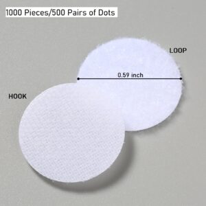 Vabba 1000 Pcs (500 Pairs) 0.59inch Diameter Hook and Loop Fastener Self Adhesive Round Circle Sticky Sticker Dots for Arts and Crafts School Classroom Home and Office Use, White