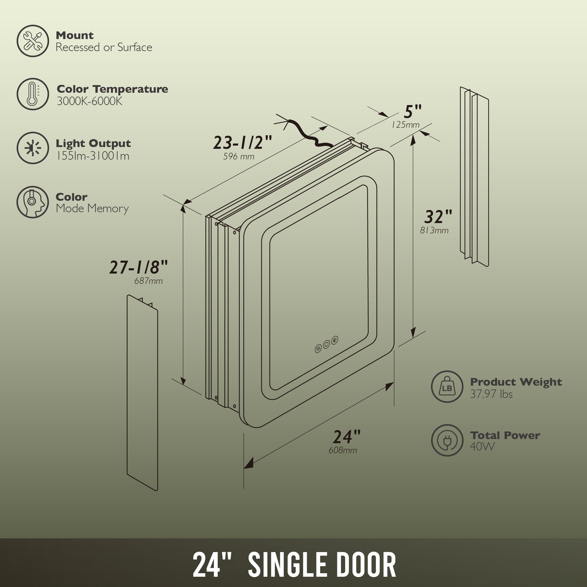 imgflx 24‘’x32‘’ Medicine Cabinet w/LED Mirror, Bathroom Lights Mirror, Recessed or Surface Mounted, Alumimum Alloy Frame, w/Cold&Warm Light, Defogger, Stepless Dimmer, Outlets&USB (24X32 in|1 Door)