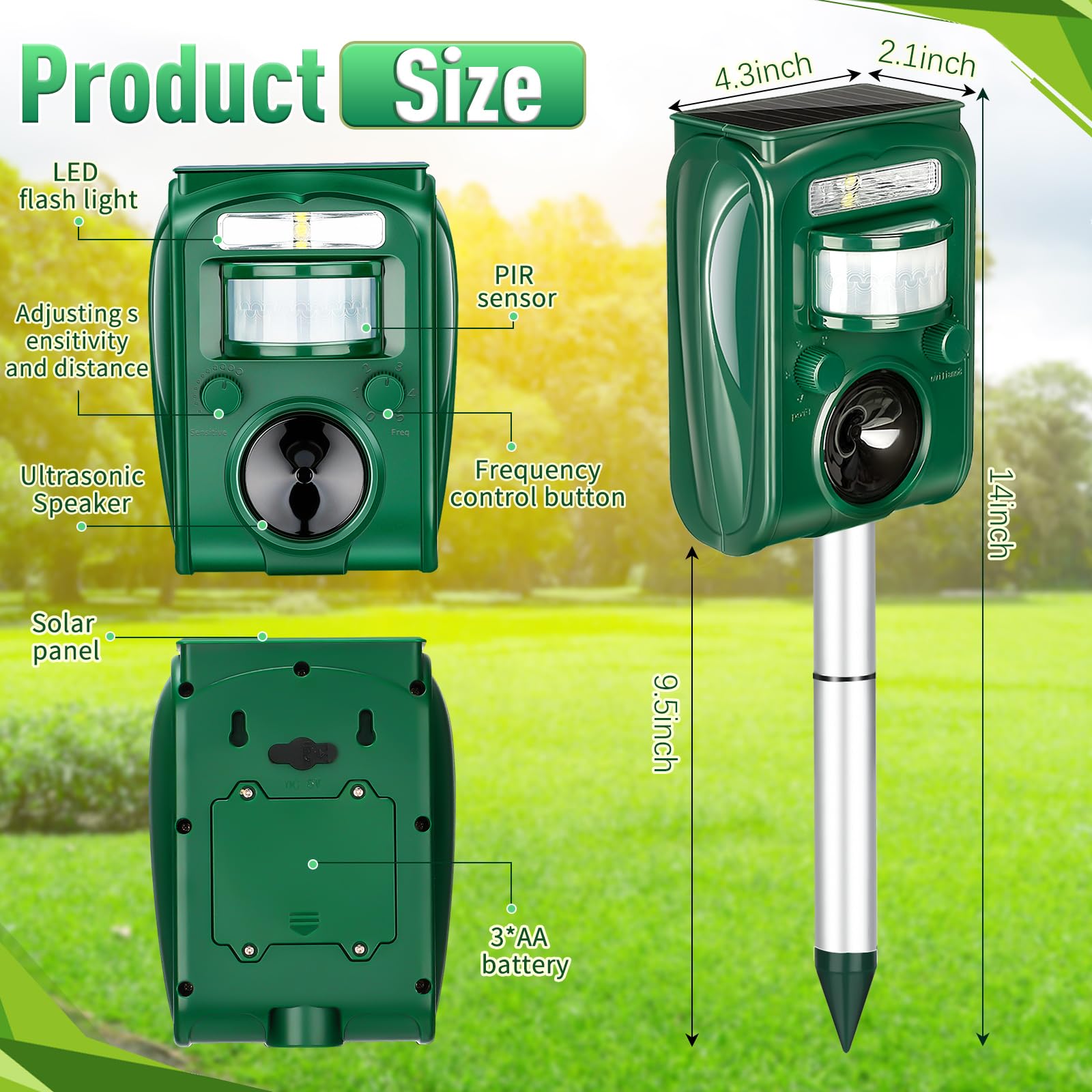 Qualirey Animal Repellers Solar Deterrent Devices Green Waterproof Ultrasonic Deer Repellents with Motion Sensor Flashing Light for Garden Farm House Drive Cat Dog Bird Coyote Skunk(Green)