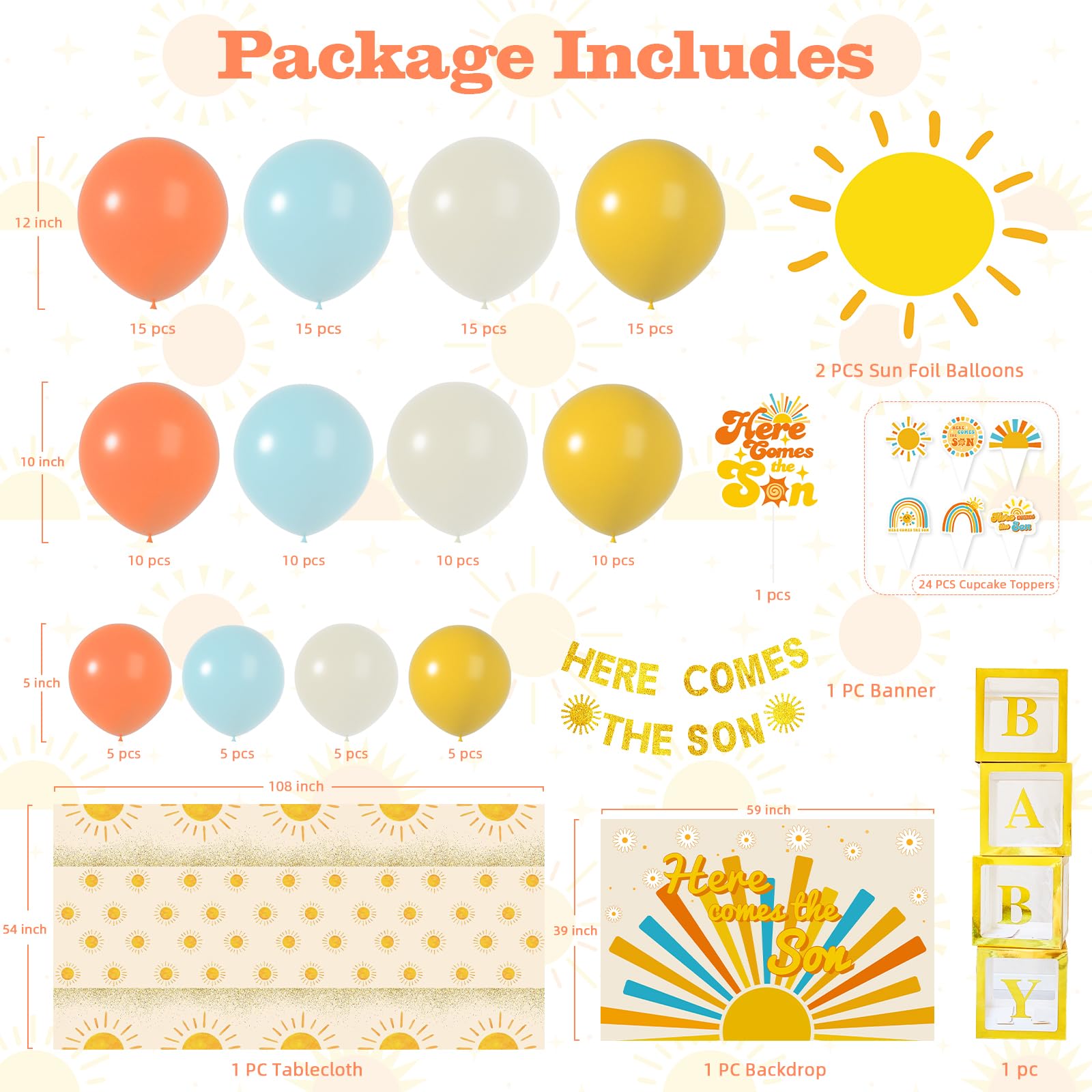 Here Comes the Son Baby Shower Decorations for Boy 1st Birthday Party Supplies Boho Retro Sunshine Balloon Garland Arch Kit Party Table Decor Photograph Backdrop Glitter Banner Cupcake Toppers